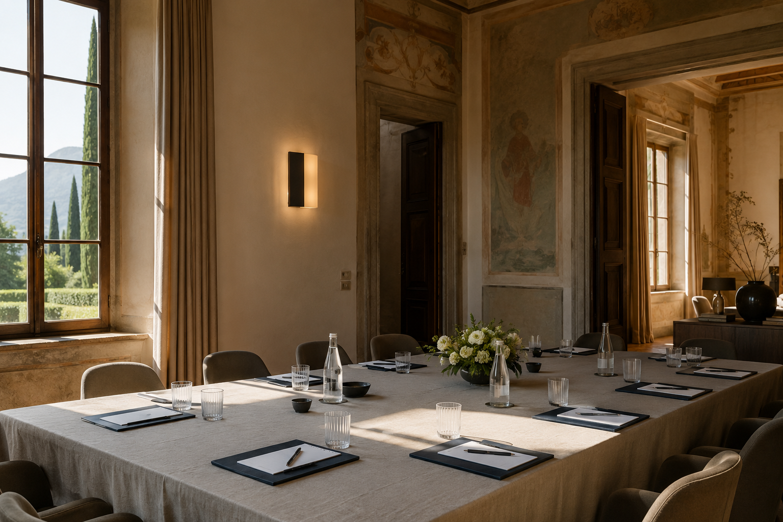 A frescoed villa meeting room with a linen-dressed conference table, leather portfolios and glassware prepared ahead of an executive offsite