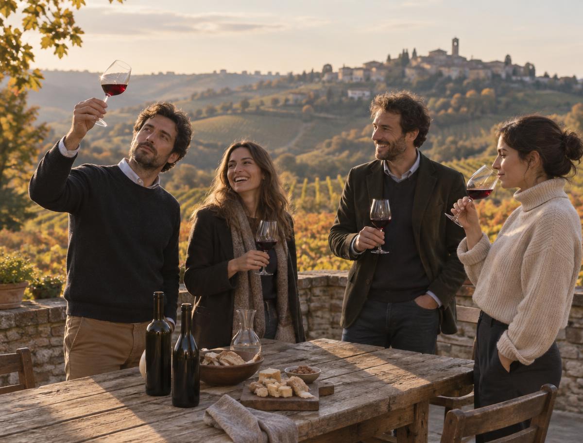 Illustrative image of colleagues sharing a wine tasting in the Langhe