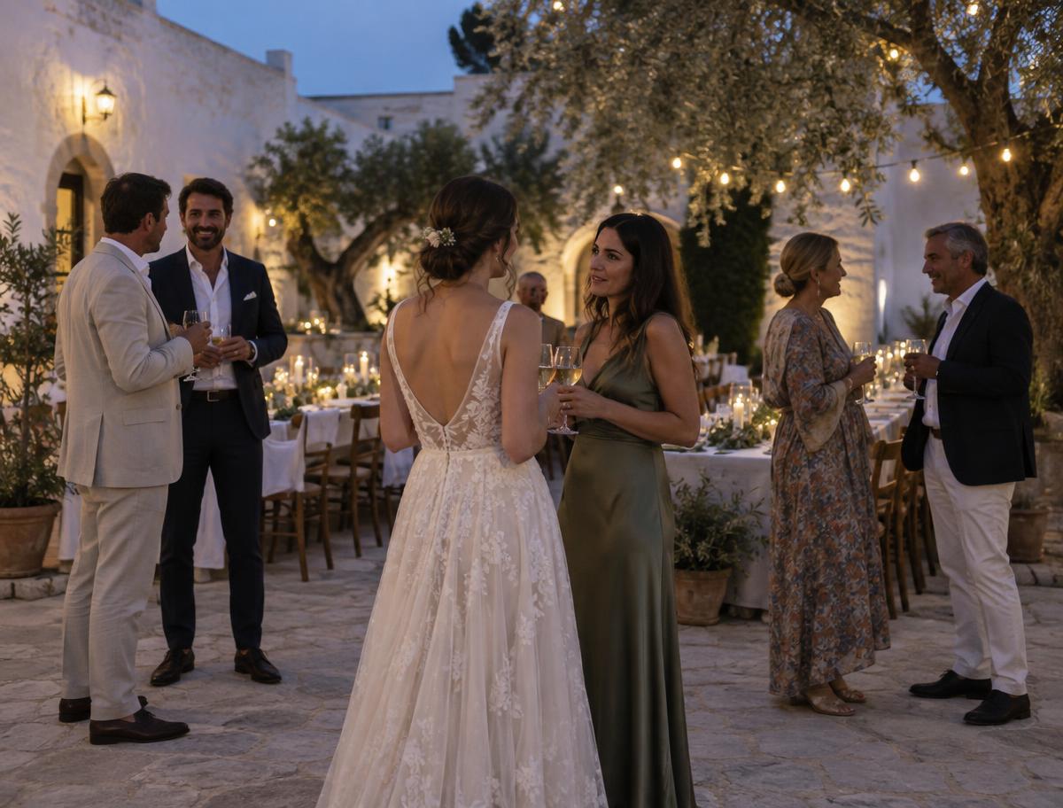 Illustrative image of wedding guests gathering in a Puglian masseria courtyard