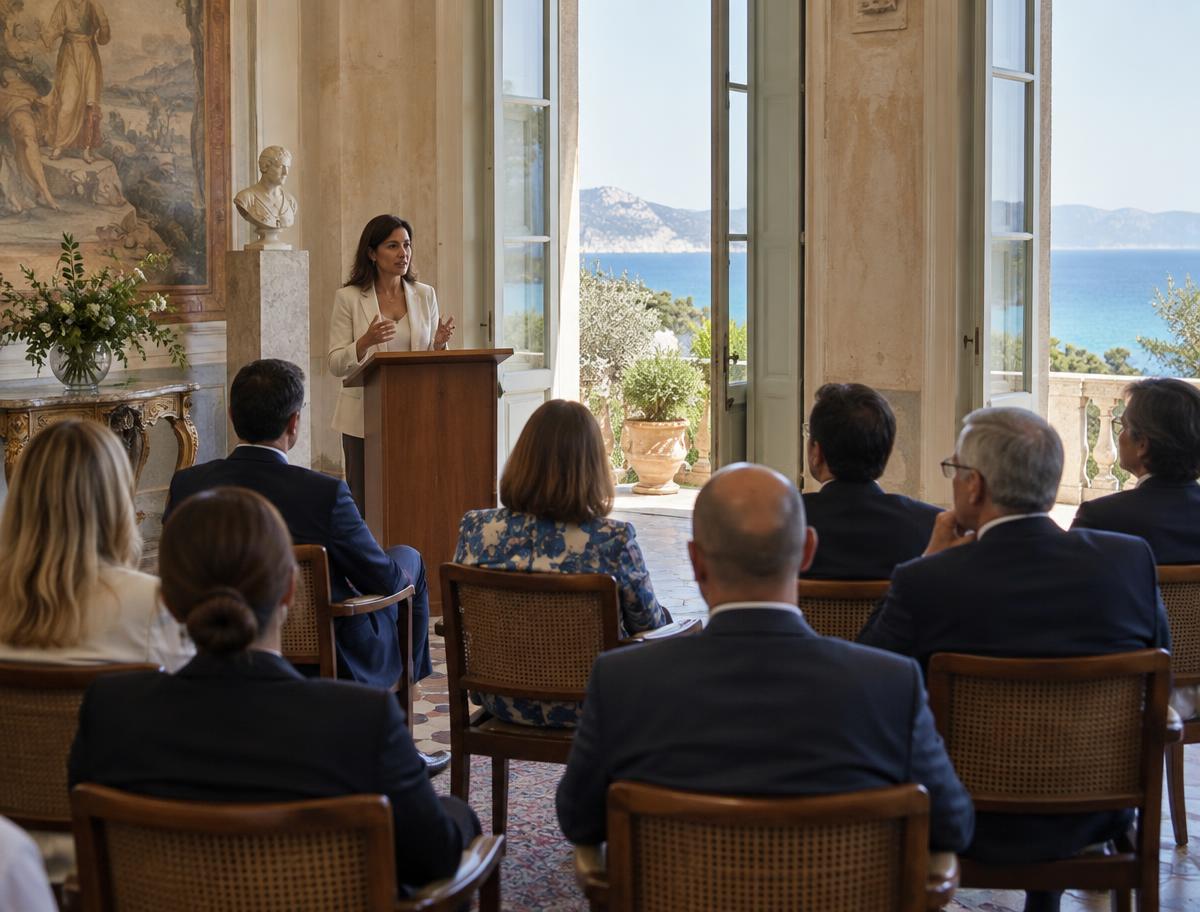 Illustrative image of a conference gathering in a Sardinian villa overlooking the sea
