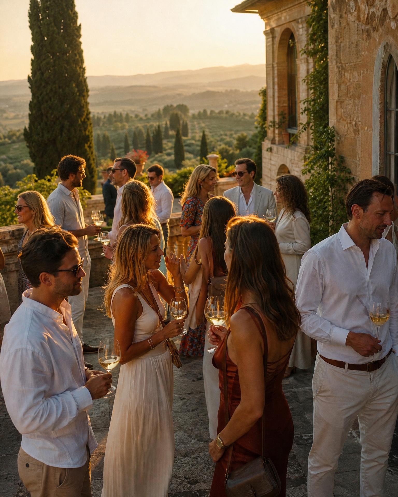 A group of well-dressed professionals gathered around a long table on a historic villa terrace, sharing conversation and wine as the sun sets over the Italian countryside — the kind of natural moment that defines a corporate retreat in Italy