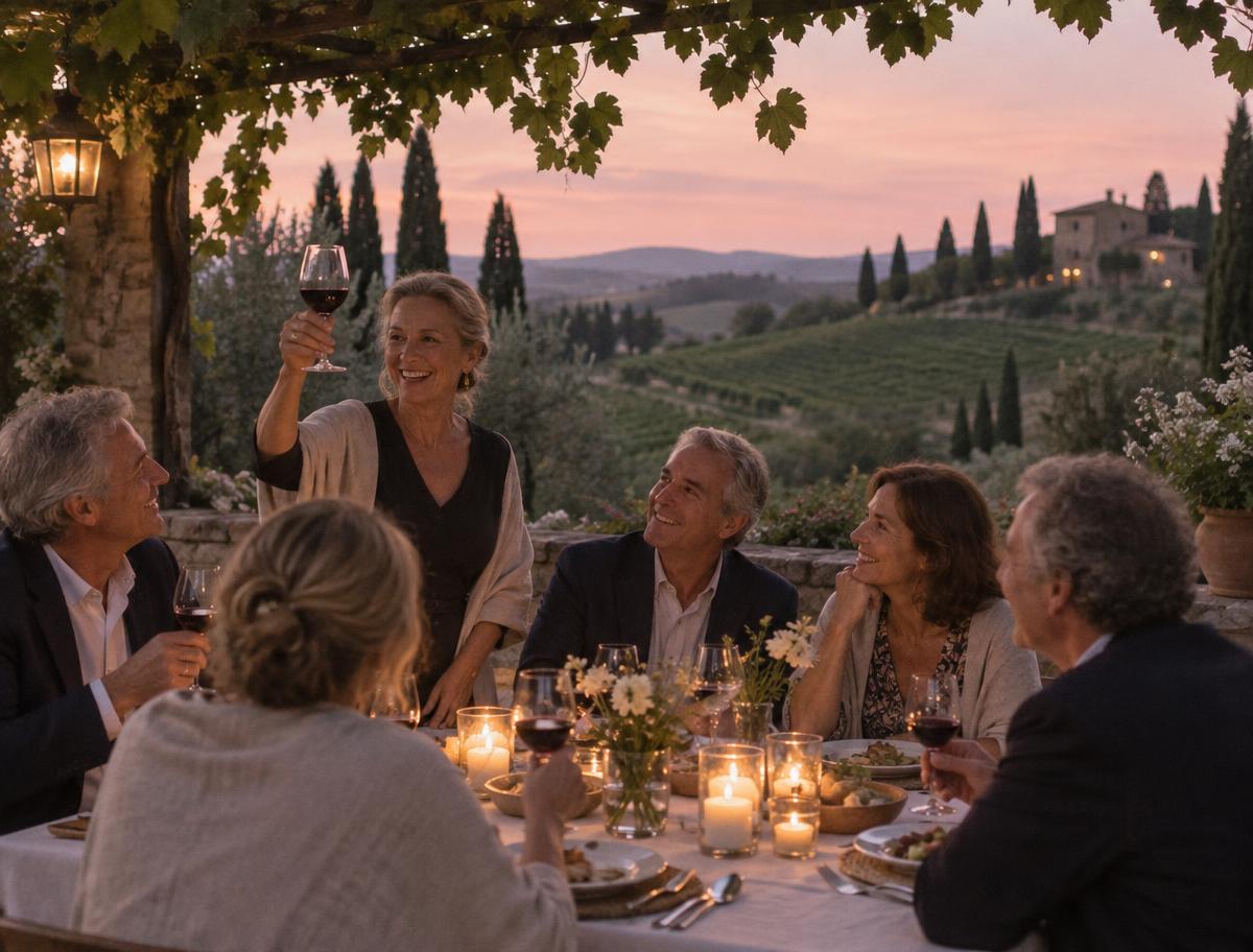 Illustrative image of friends sharing a birthday toast at a Chianti villa