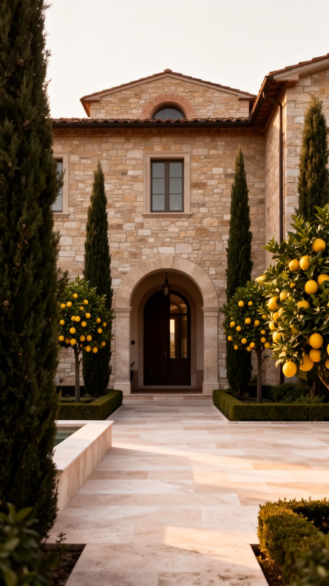 The stone facade and cypress-lined entrance of a private Italian villa hosting a corporate retreat at golden hour