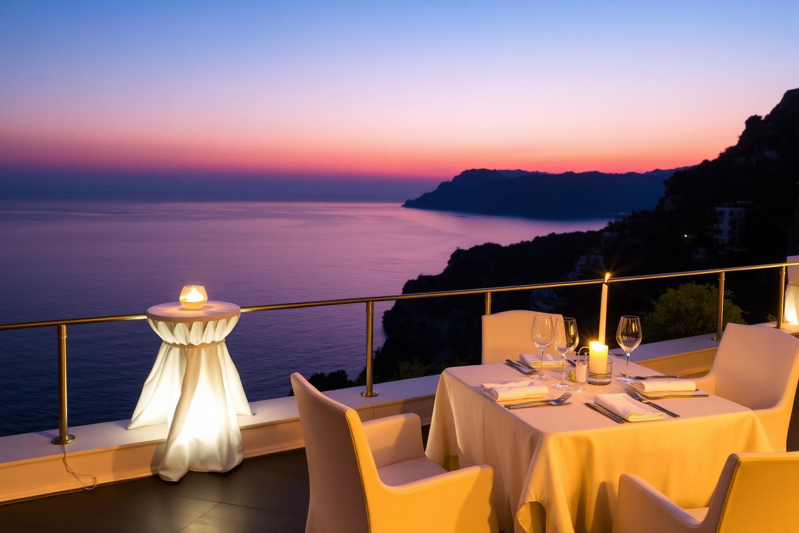 Sunset dining terrace on the Amalfi Coast with a candlelit table set above the sea under a warm pink sky