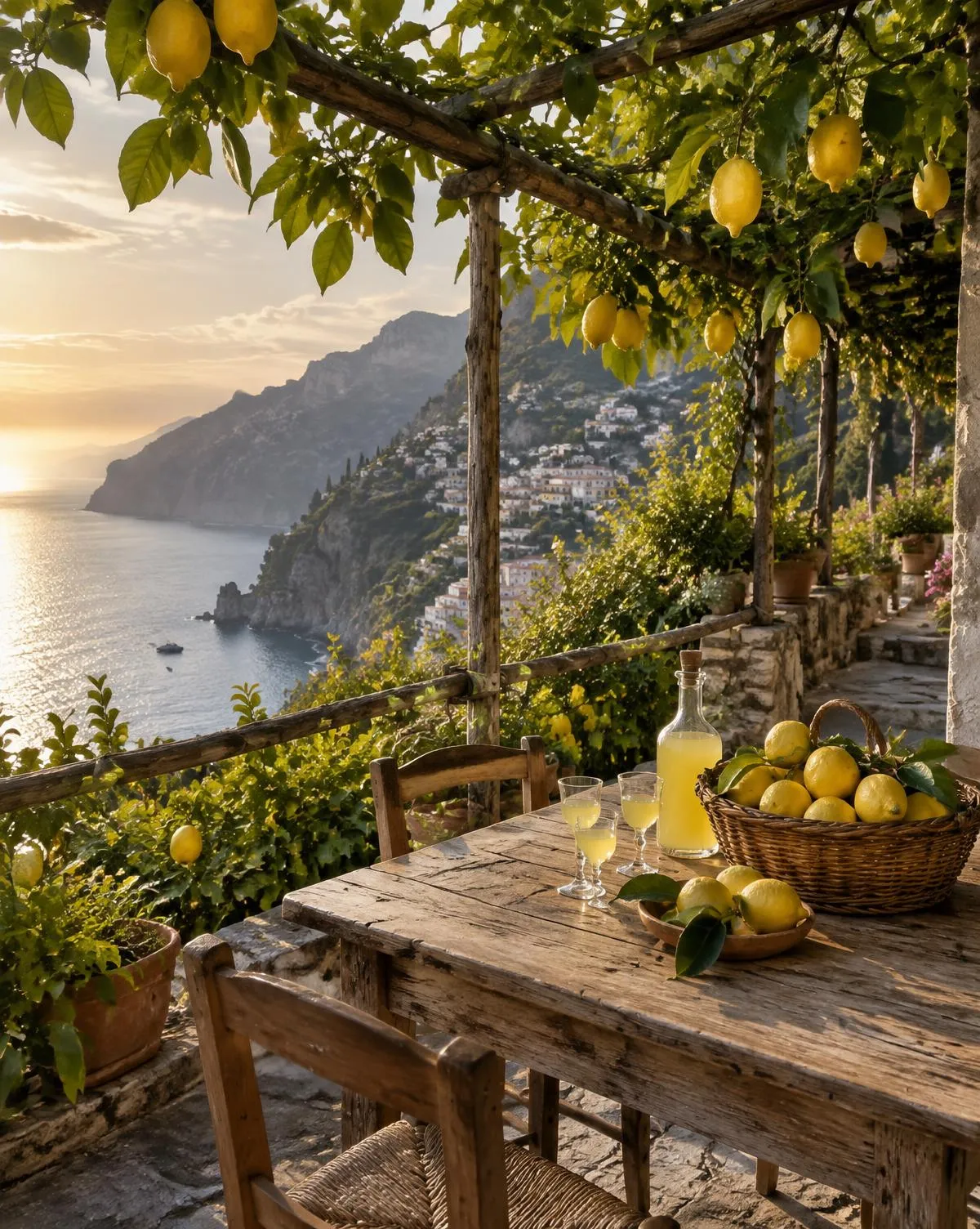 A lemon pergola above the sea with a table set with lemons and limoncello