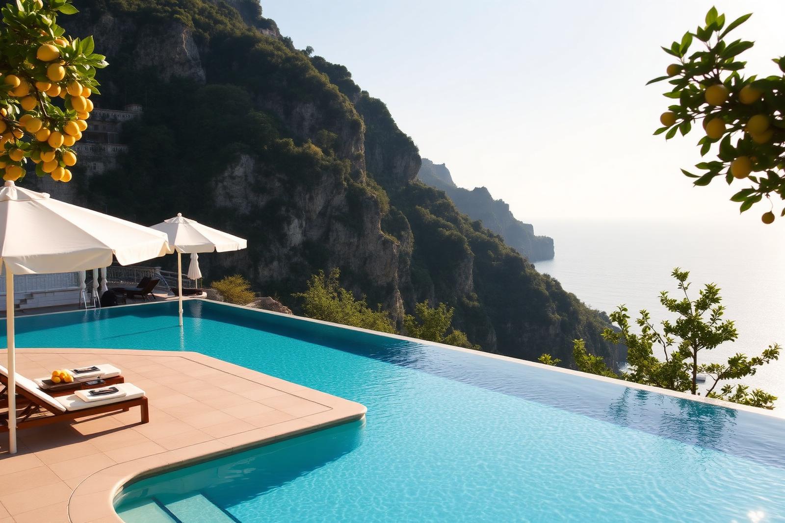 Cliffside Amalfi Coast luxury hotel infinity pool overlooking the Mediterranean, lemon trees and white parasols in soft afternoon light