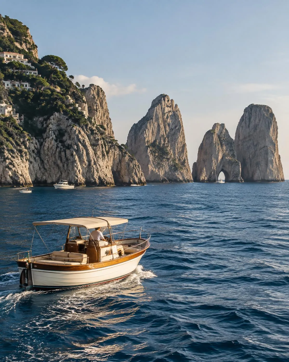 A wooden boat on the sea near the Faraglioni rocks off Capri