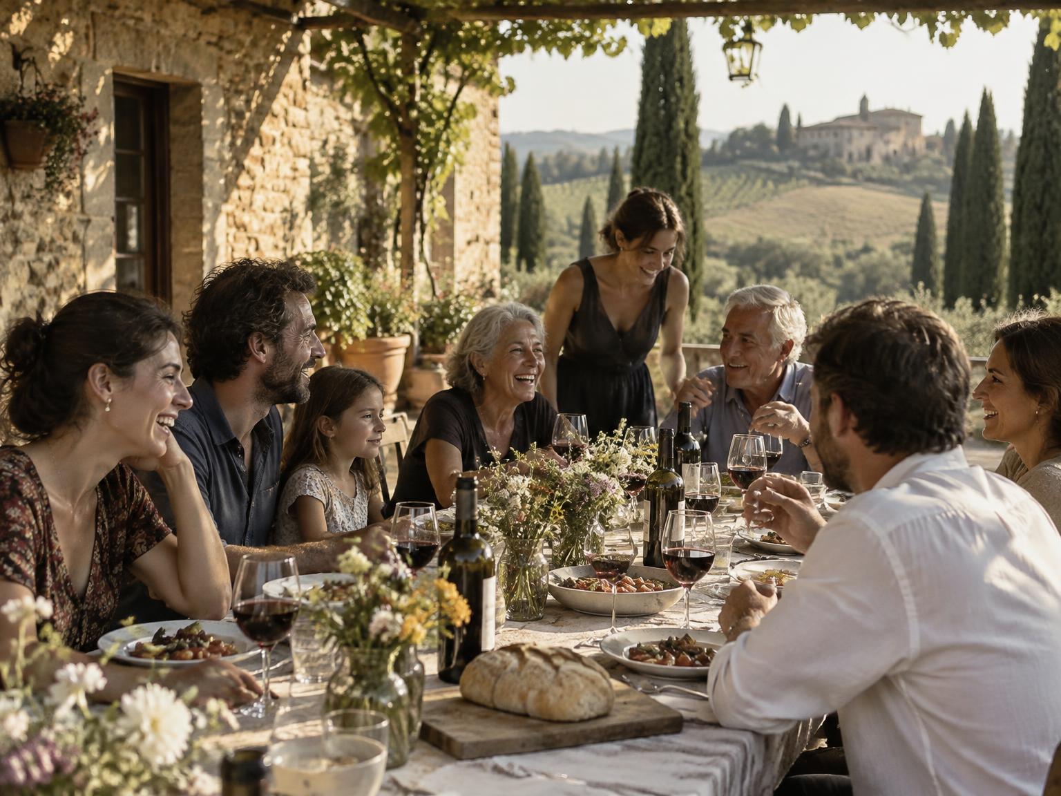 Friends and family sharing lunch under a vine pergola at a Tuscan stone house