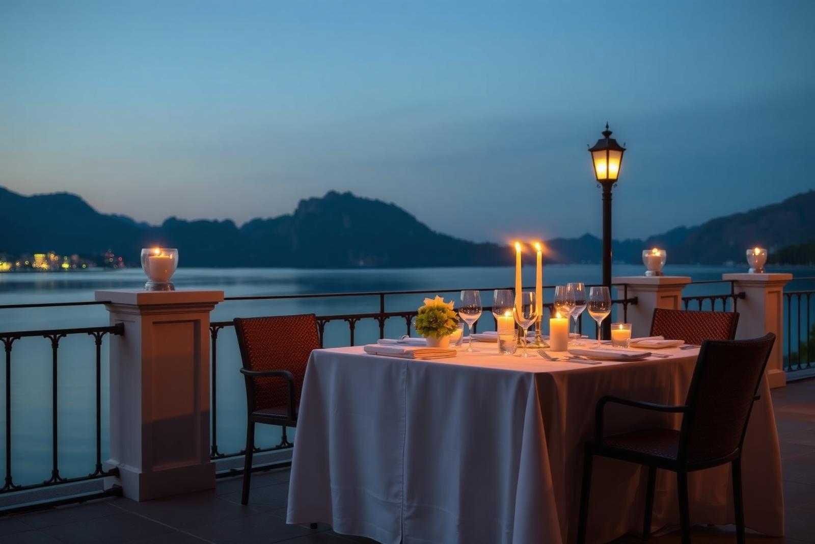 Candlelit executive dining terrace overlooking Lake Como at dusk with mountain views
