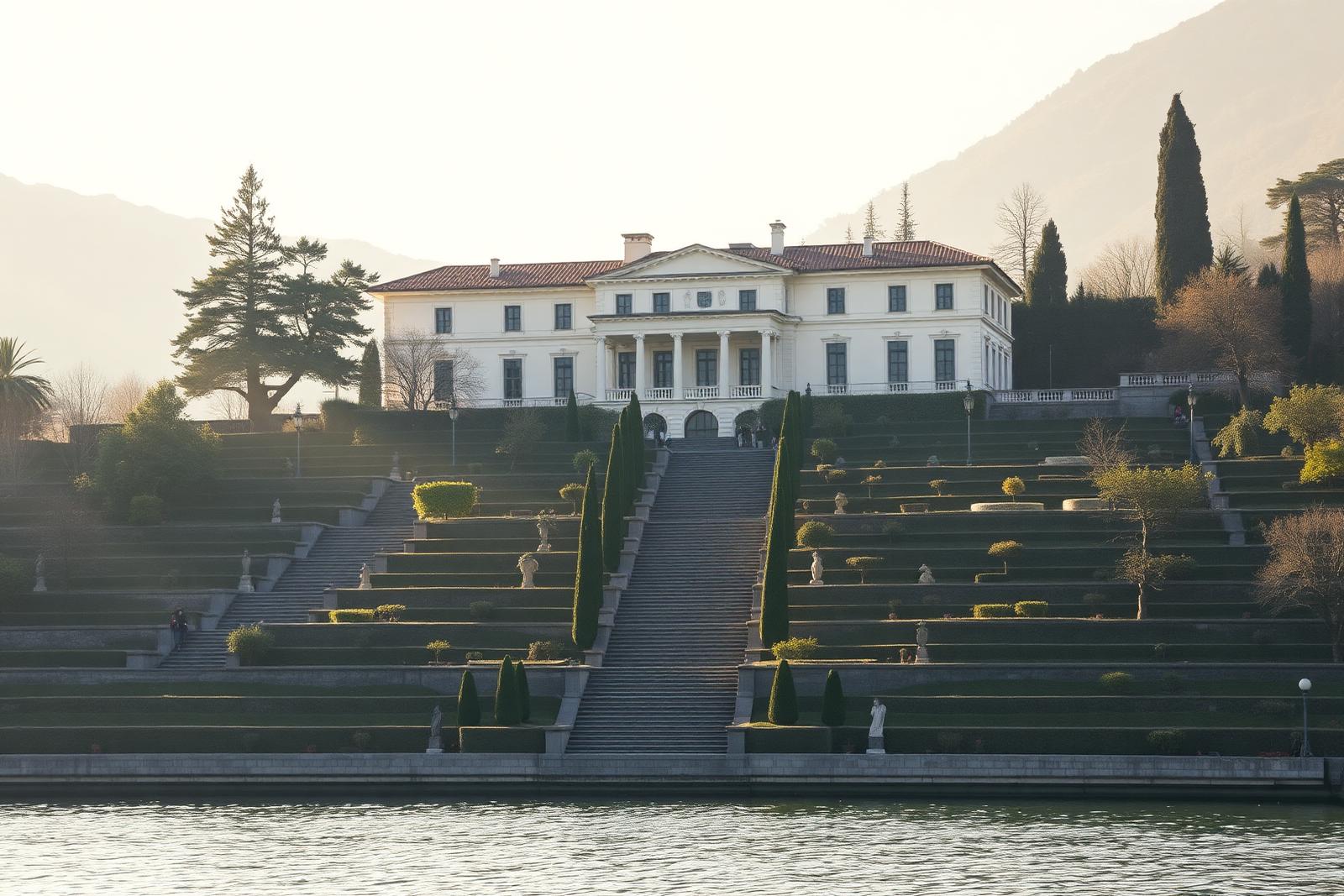 Grand historic Lake Como villa with formal Italian terraced gardens and cypress alleys descending to the lake at soft morning light