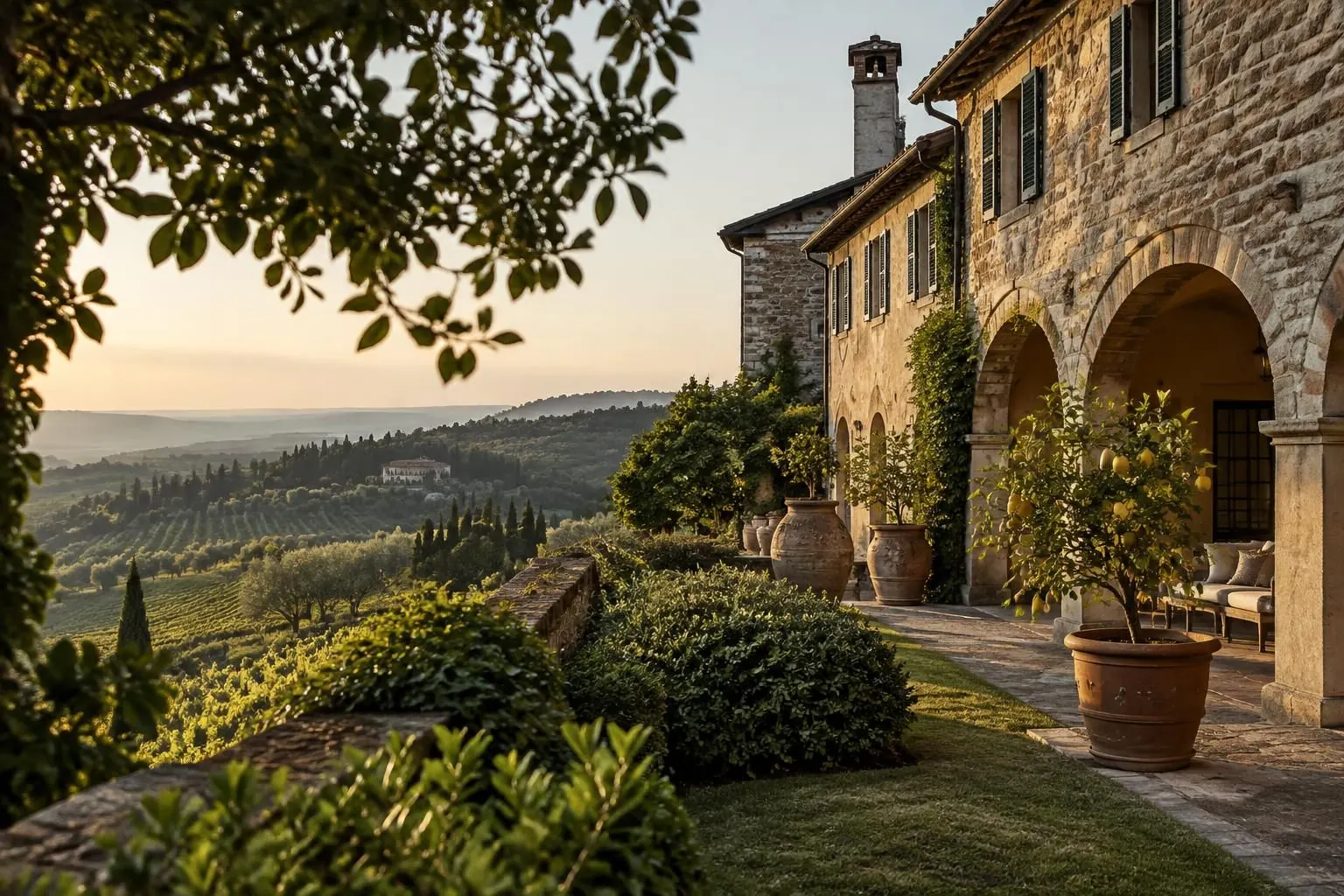 A stone villa with an arched loggia and potted lemon trees overlooking vineyards and wooded hills at sunset