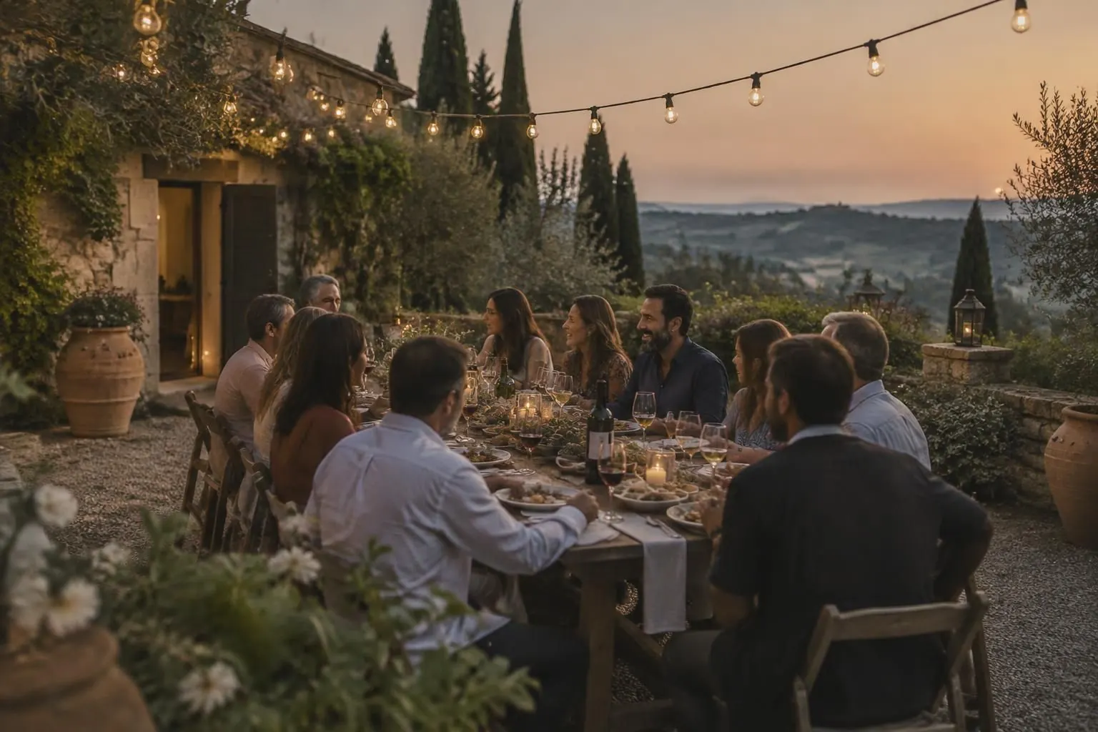 Colleagues sharing dinner at a long wooden table under string lights in a countryside courtyard at dusk