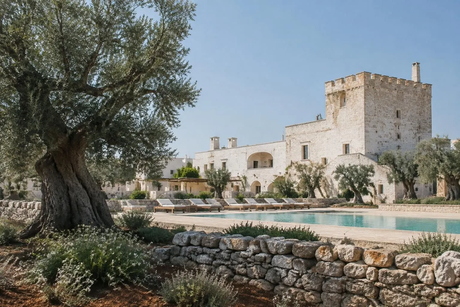 A whitewashed stone masseria with a crenellated tower, a swimming pool and ancient olive trees behind a dry stone wall