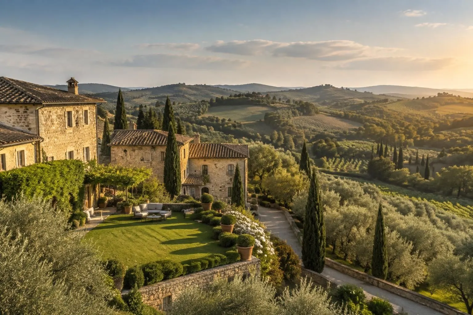 A stone countryside relais with a garden terrace, cypresses and olive groves overlooking rolling hills at golden hour