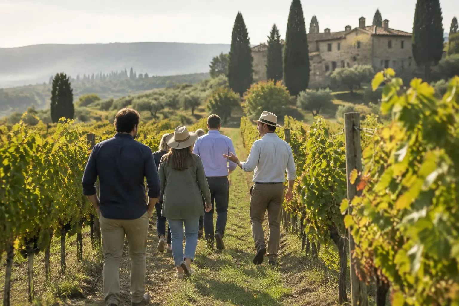 A small group following a guide between vineyard rows towards a stone farmhouse among cypresses