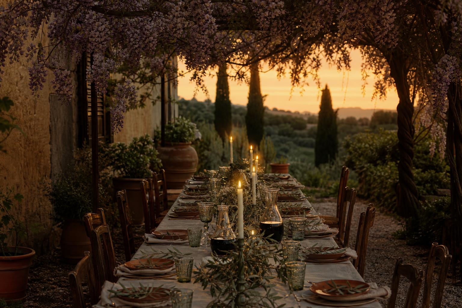 An Italian table set under a wisteria pergola for a private corporate dinner