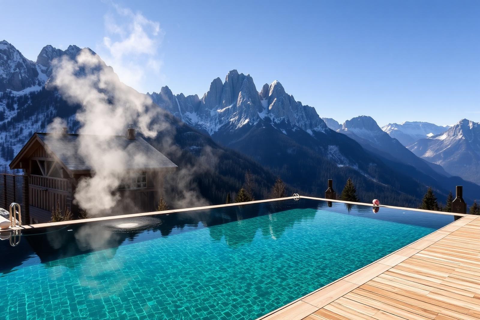 Panoramic alpine spa infinity pool facing the Dolomite peaks, steam rising over a larch wood deck