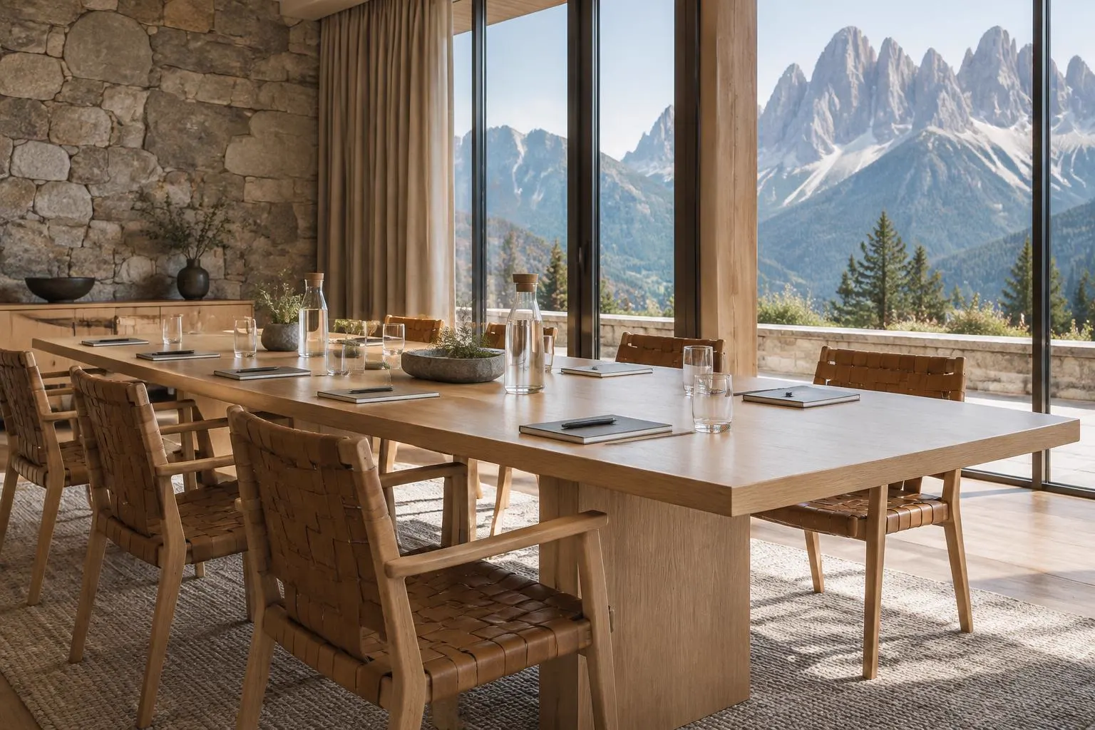 A hotel meeting room with a long oak table, woven leather chairs and a stone wall, opening through tall windows onto Dolomite peaks in daylight