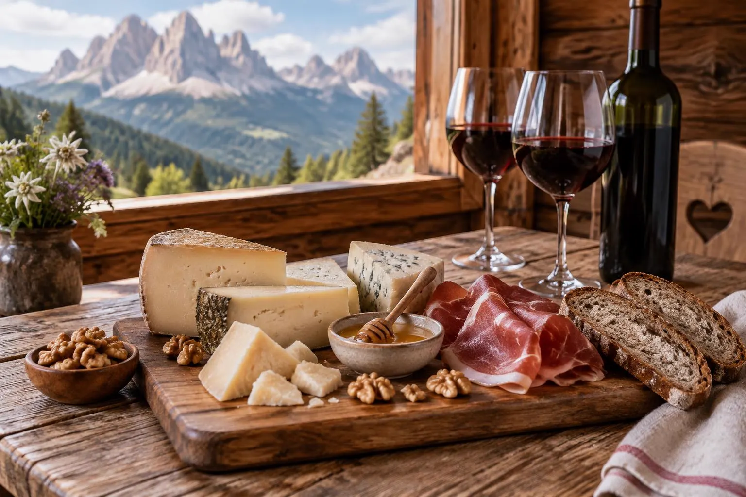 A wooden board of alpine cheeses, cured ham, rye bread, walnuts and honey with two glasses of red wine by a mountain hut window