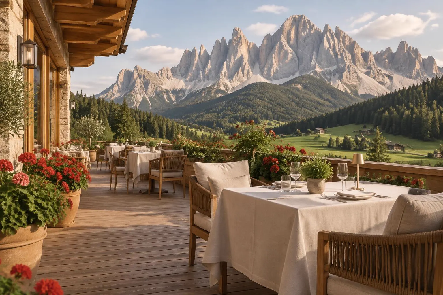 A hotel terrace with linen-covered tables and red geraniums overlooking meadows and pale Dolomite peaks in summer