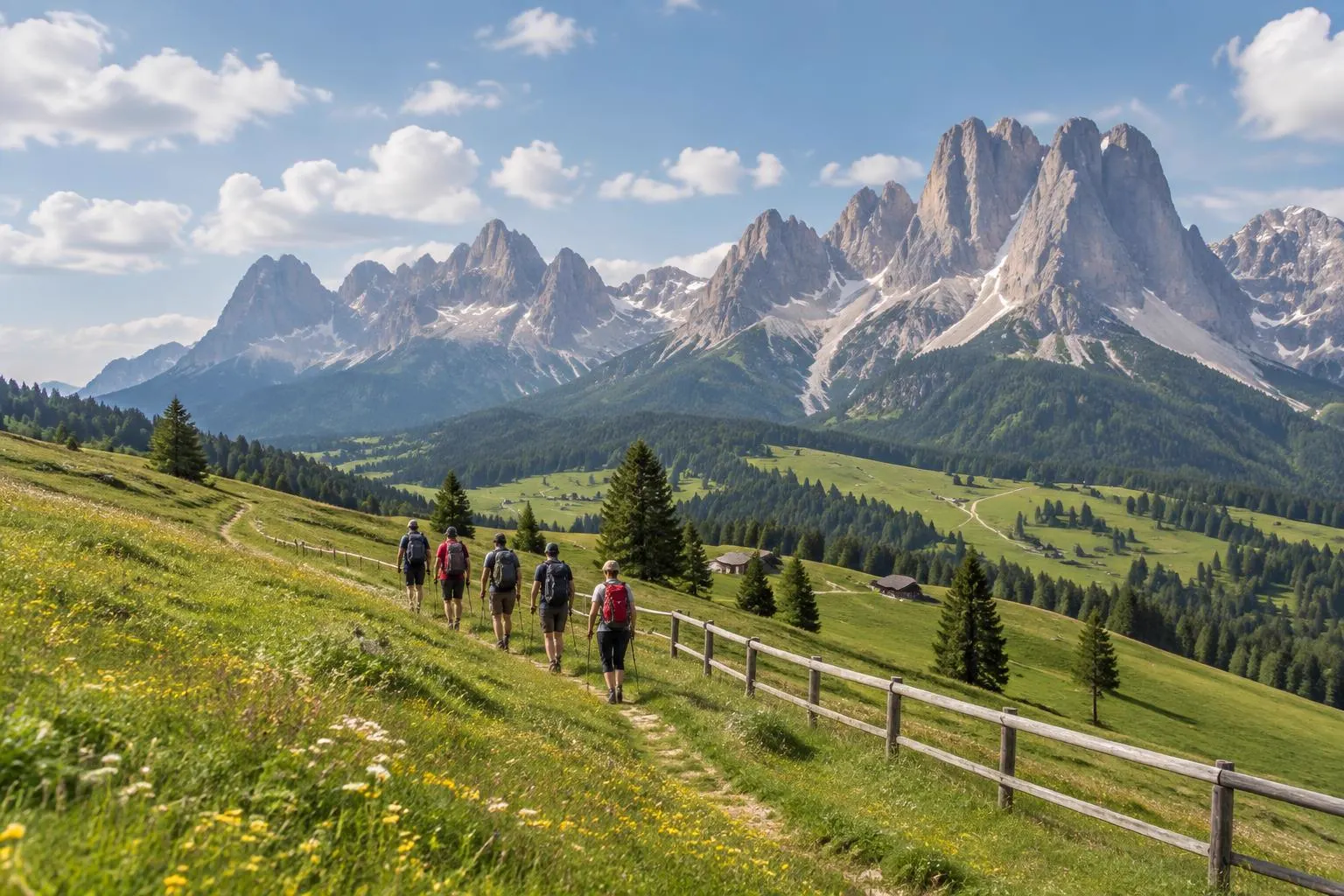 A small group of hikers seen from behind and at a distance on a grassy path through wildflower meadows towards Dolomite peaks in summer