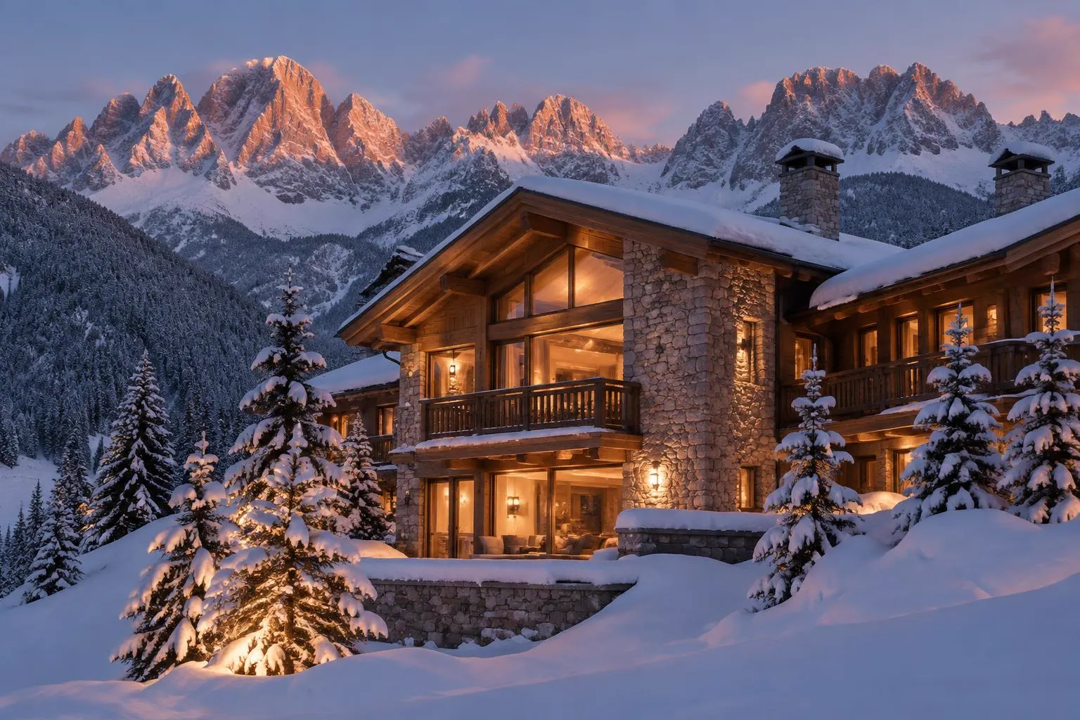 A timber and stone mountain chalet with glowing windows in deep snow among fir trees, with Dolomite peaks catching pink light at dusk