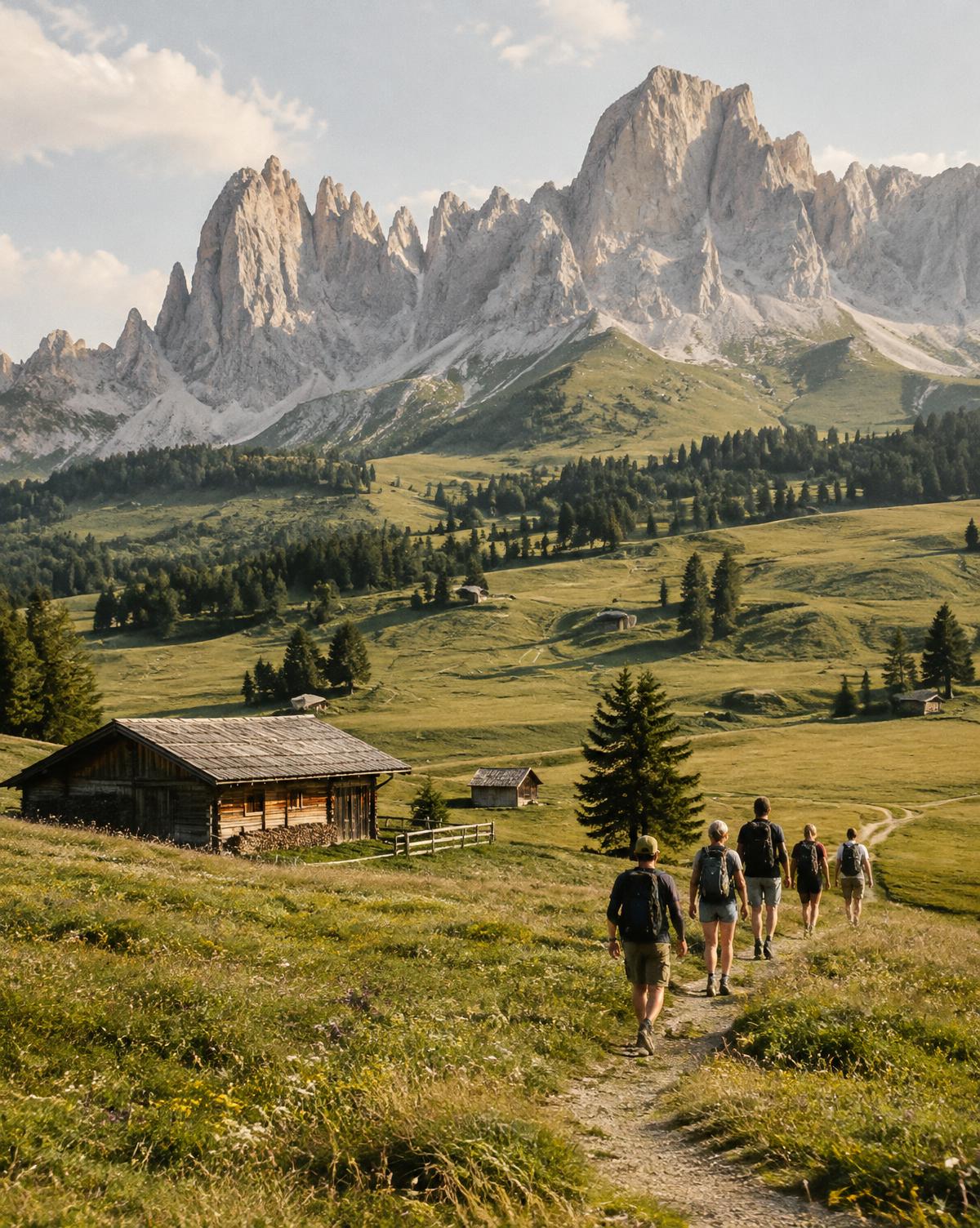 A small group walking across an alpine meadow beneath Dolomite peaks in summer