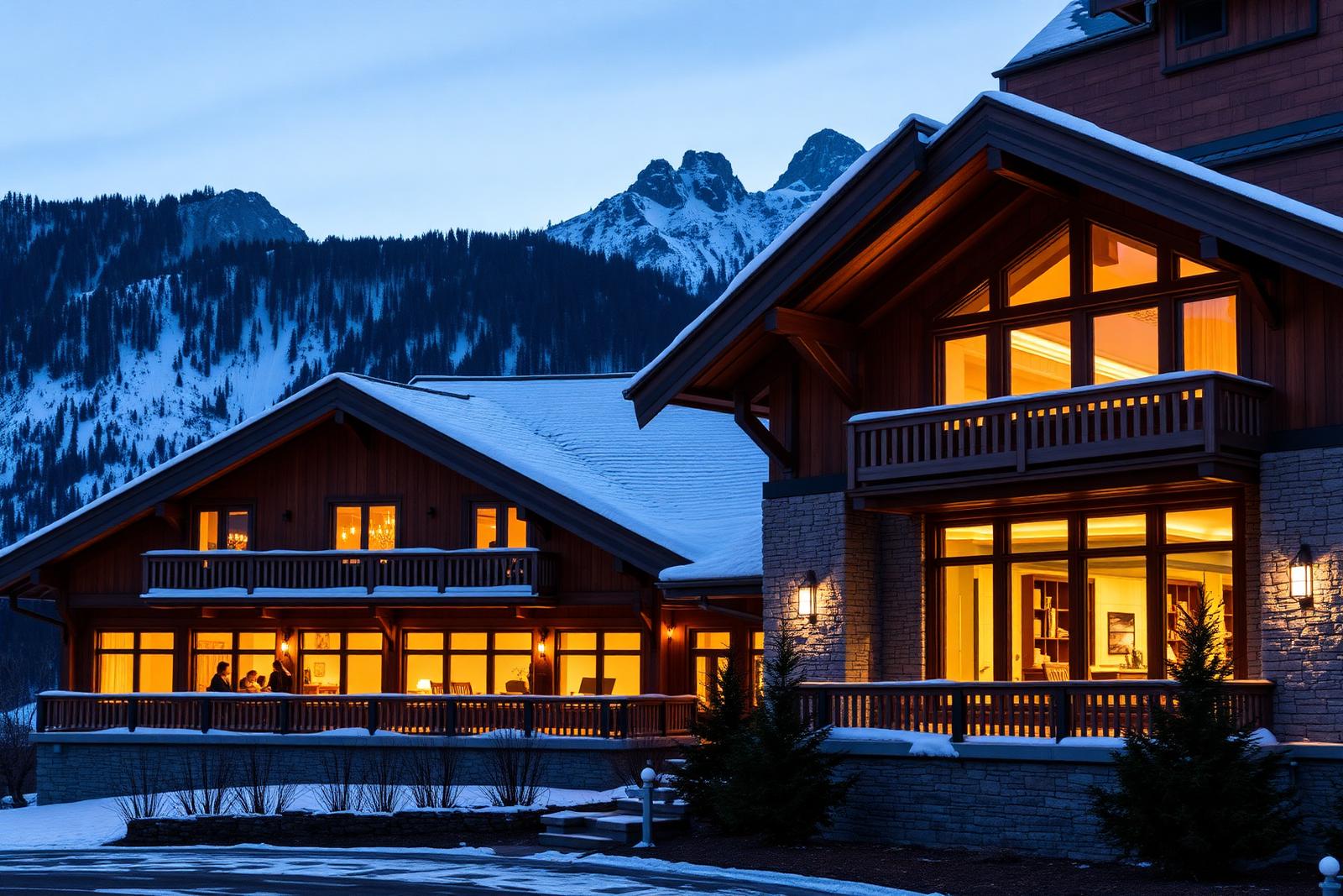 Luxury alpine mountain lodge in the Dolomites with larch and stone facade, warmly lit windows at dusk below snow-dusted peaks