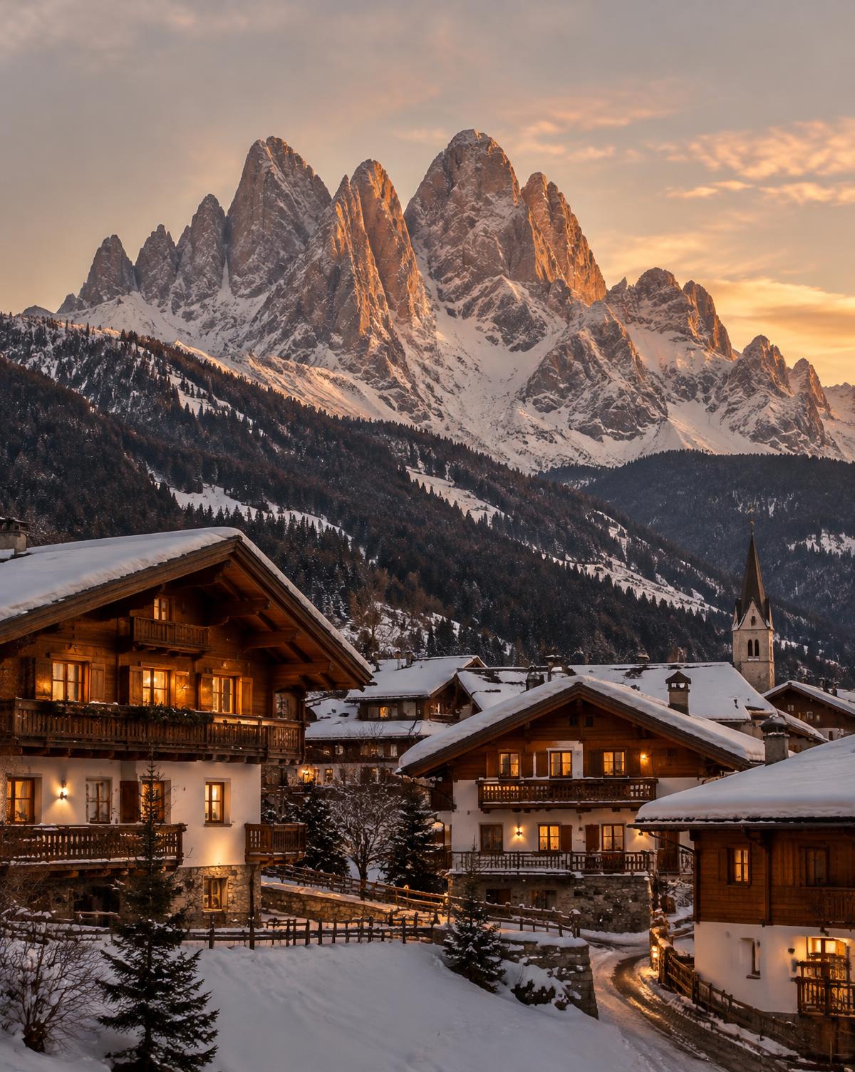 A snowy mountain village with lit chalets below Dolomite peaks at dusk