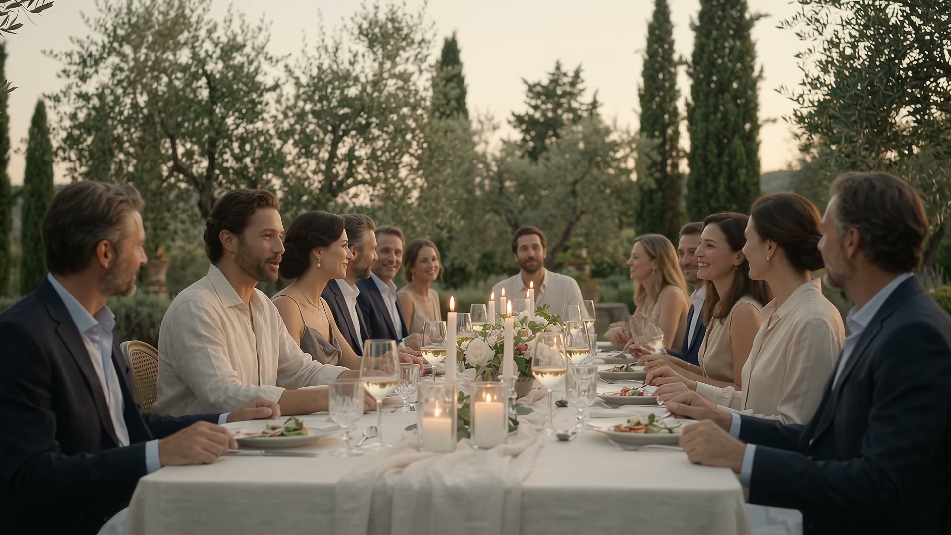 Guests at a candlelit dinner table in a Tuscan villa garden
