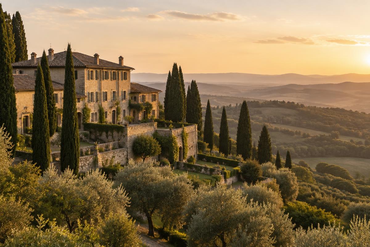 A historic stone villa among cypress trees in the Italian countryside at golden hour
