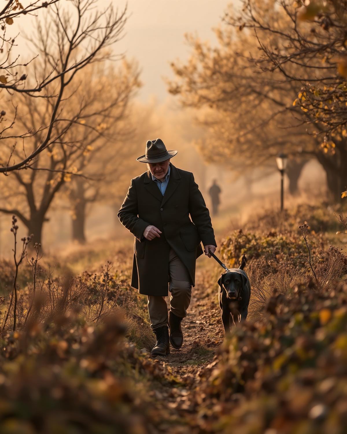 A trifolau and his Lagotto Romagnolo dog searching for white truffles among oak and hazelnut trees at dawn in the Langhe hills