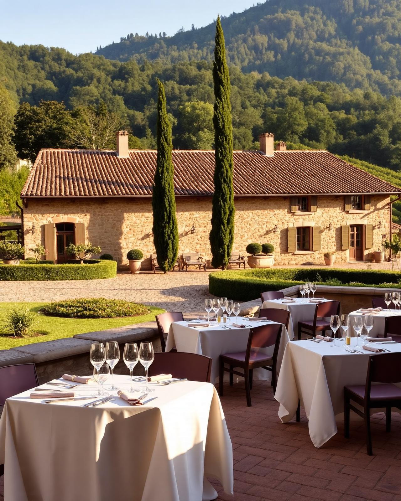Restored Piedmontese wine estate villa in the Langhe with cypresses, gardens and a terrace set for a private dinner in warm afternoon light