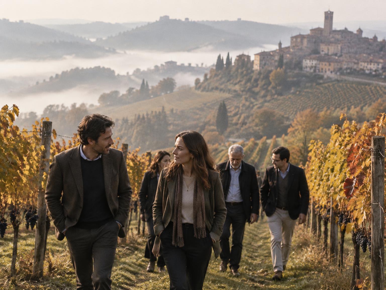 A small group walking between autumn vineyard rows below a hilltop village