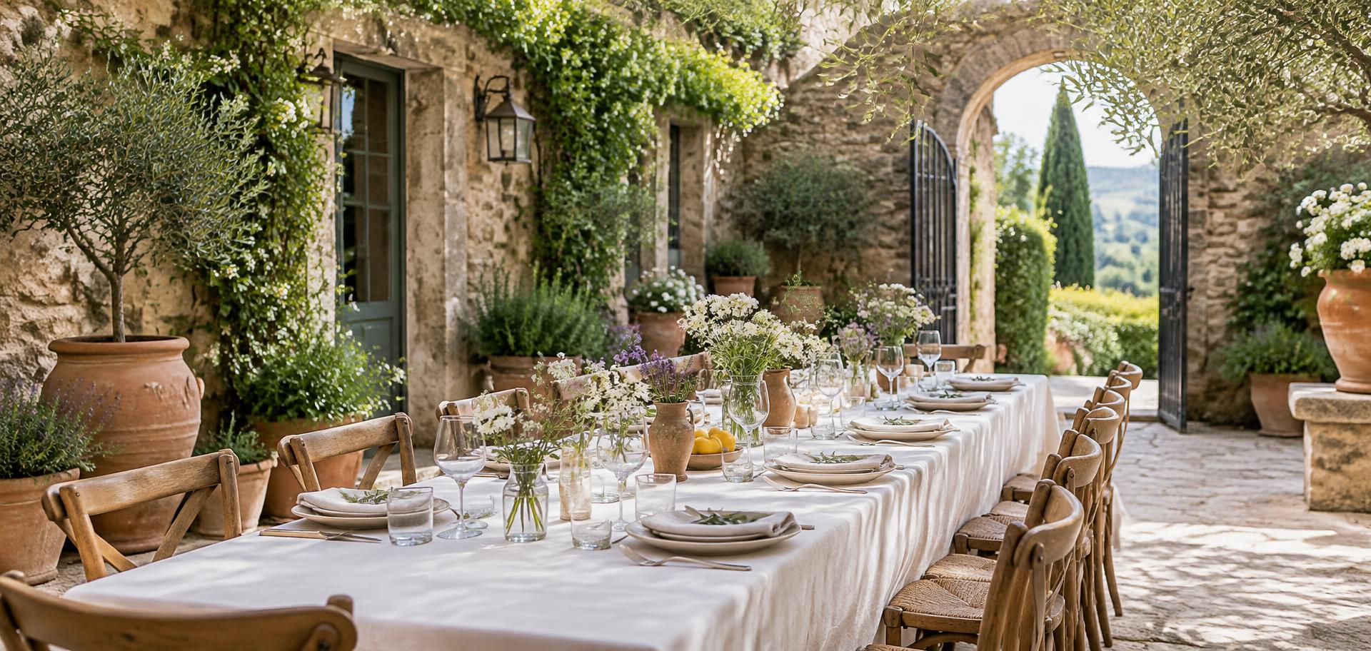 A long table laid with white linen and small vases of wildflowers in a sunlit stone courtyard