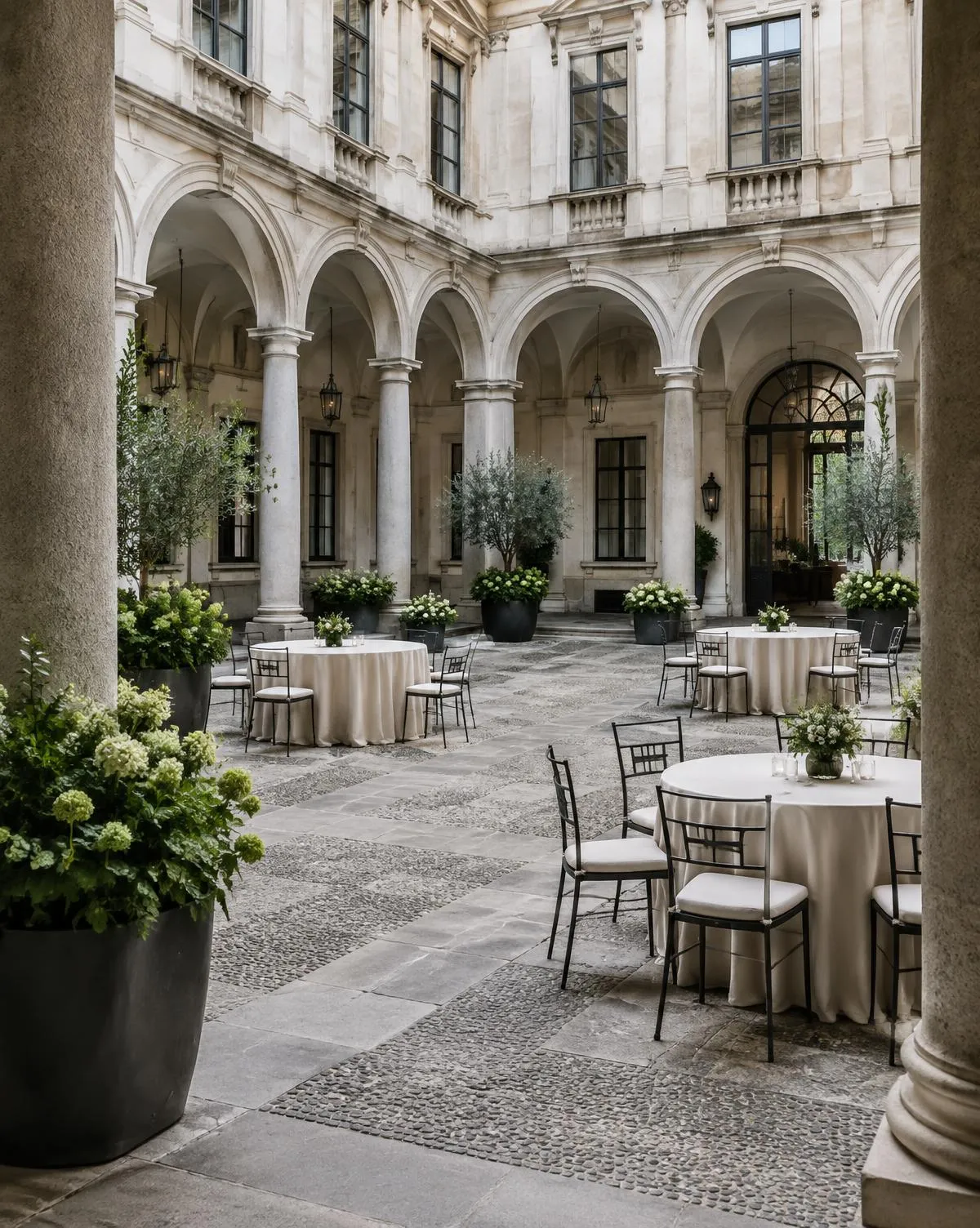 A pale stone courtyard with arcades, olive trees and tables set for a reception