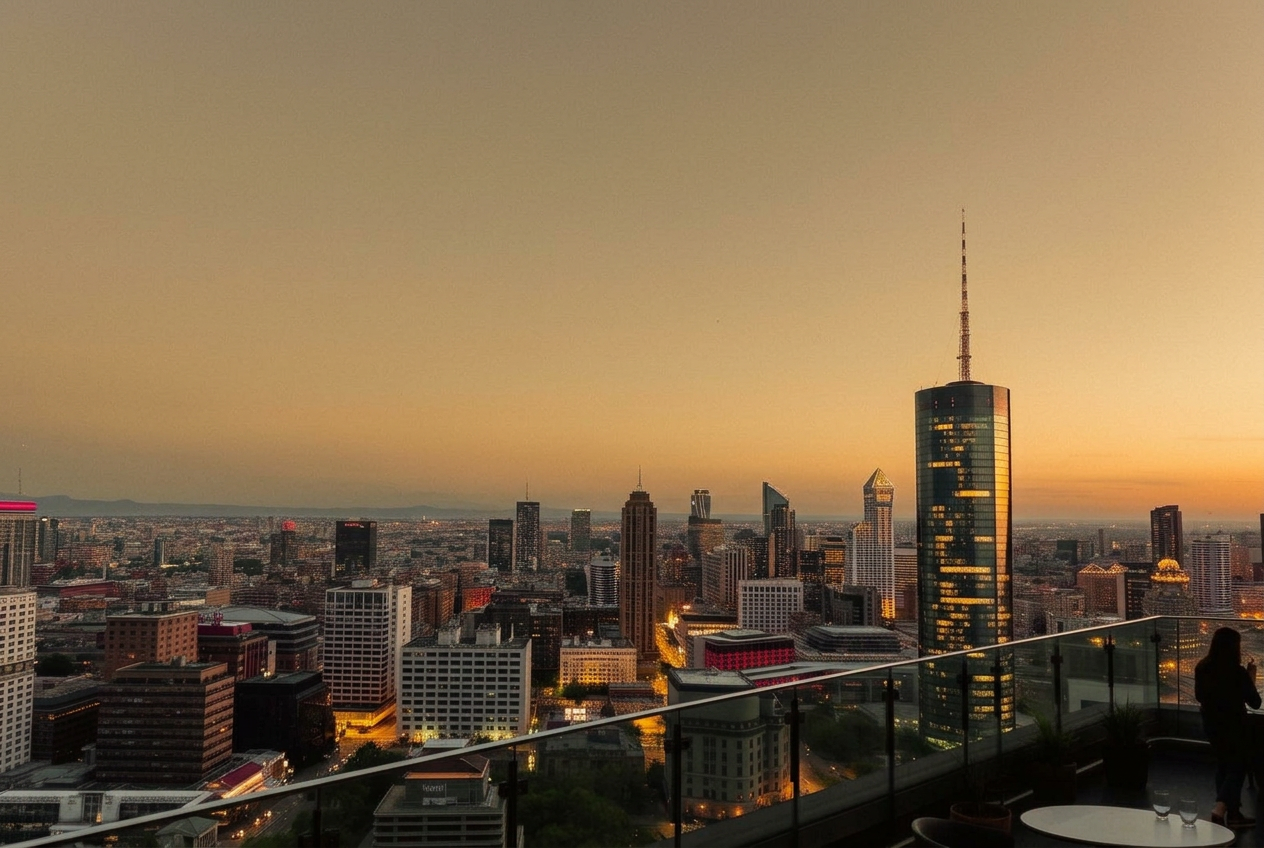 The Milan skyline at sunset seen from a rooftop terrace, with the Porta Nuova towers in the distance