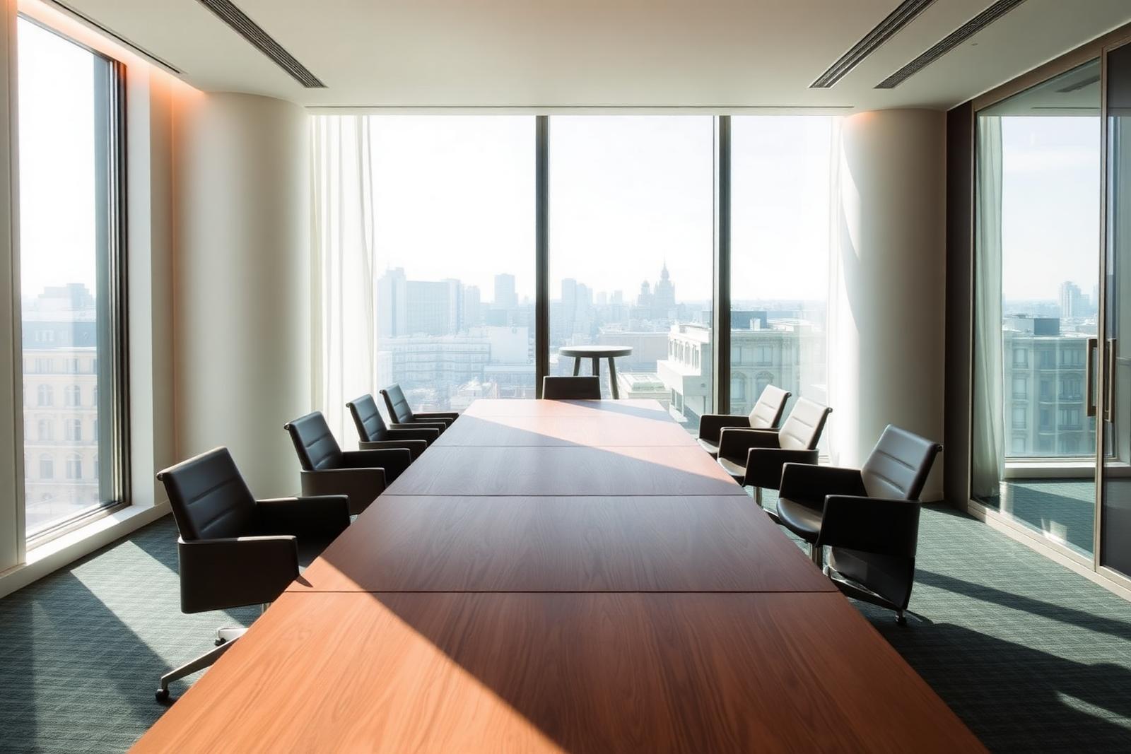 Contemporary luxury Milan boardroom with walnut table, designer chairs and floor-to-ceiling windows overlooking the city
