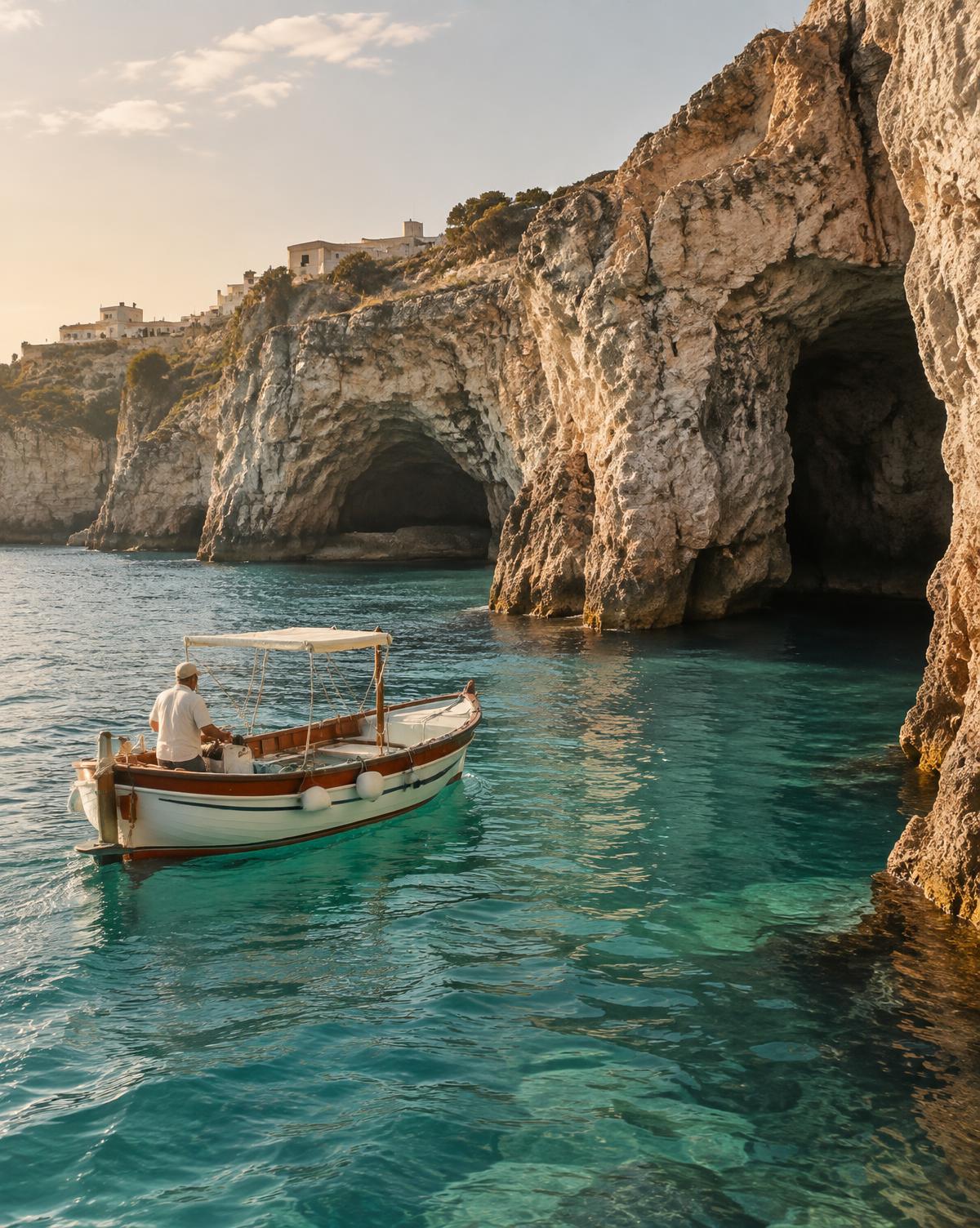 A small boat beside limestone cliffs and sea caves on the Puglia coast