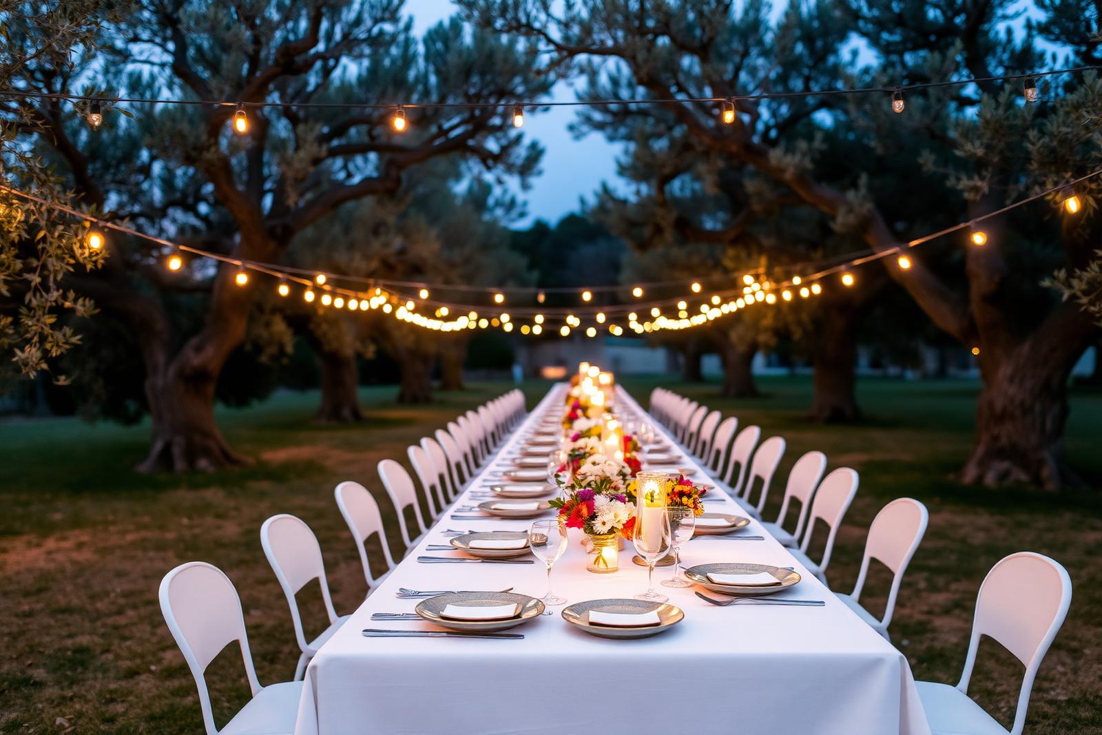 Elegant outdoor dinner under ancient olive trees in Puglia, string lights above a long linen-draped table at twilight