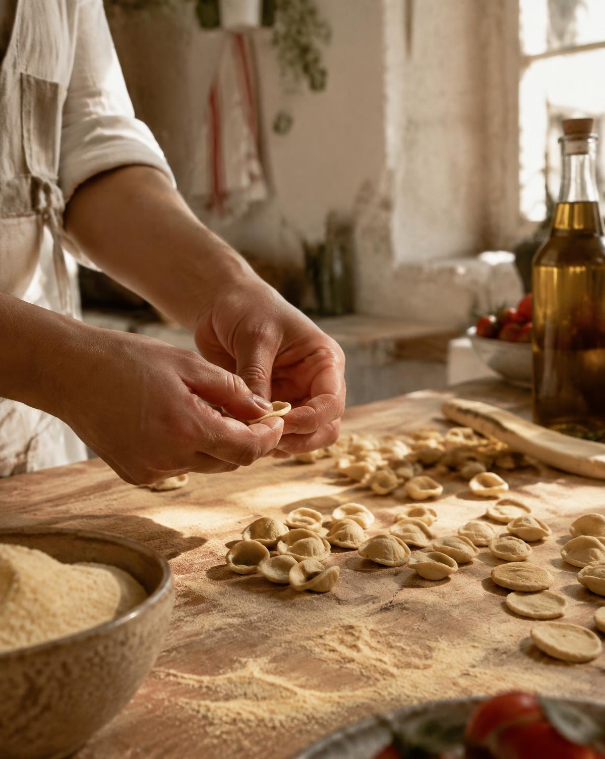 Hands shaping orecchiette on a floured wooden board with olive oil and tomatoes