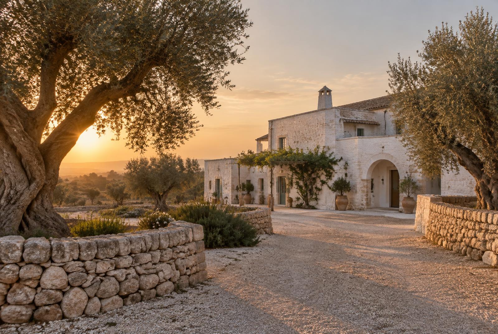 A whitewashed masseria behind a dry-stone wall and olive trees at sunset