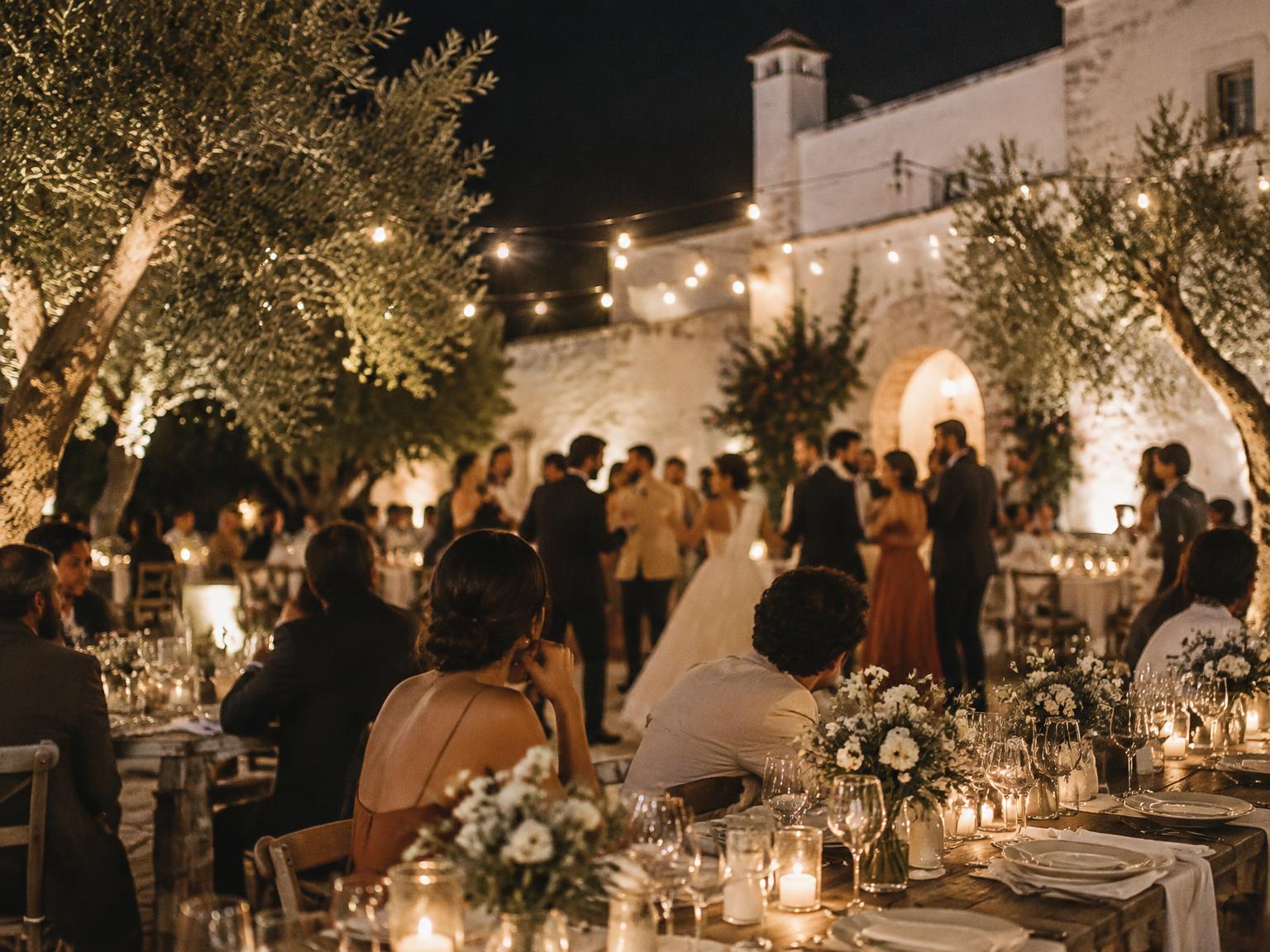 An evening wedding reception in a whitewashed courtyard with olive trees and string lights