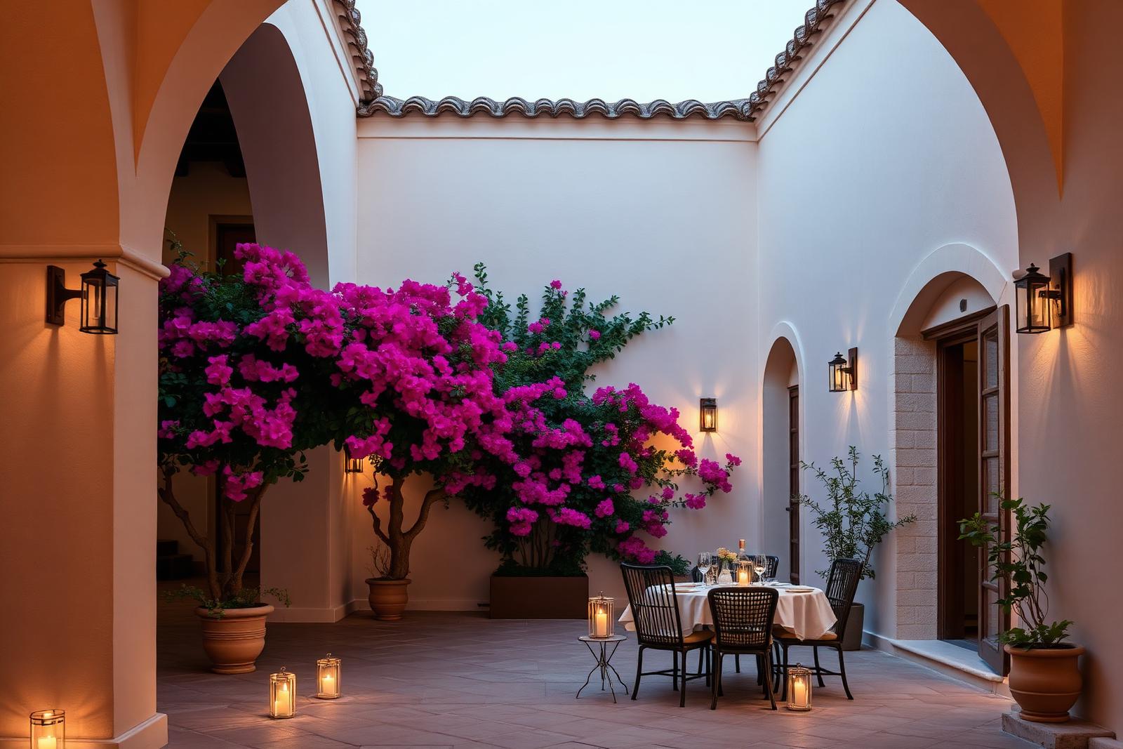 Restored Puglian masseria courtyard with white stone arches, bougainvillea, lanterns and a table set for a private aperitivo at dusk