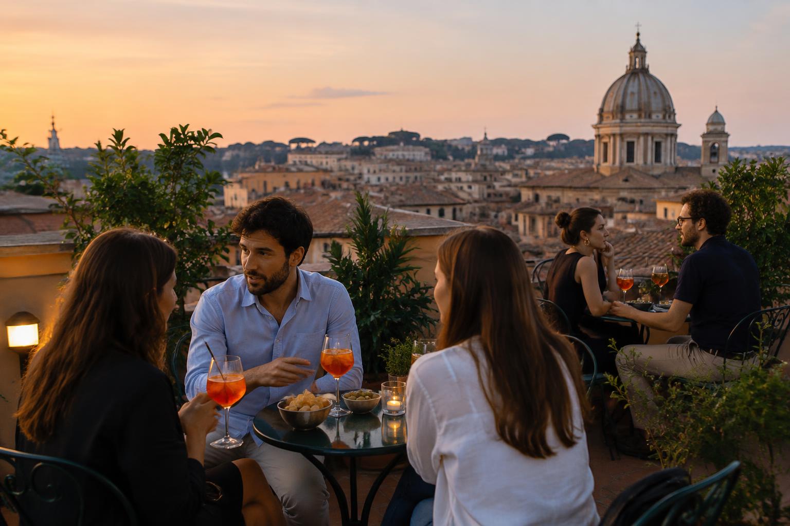 Colleagues sharing an aperitivo on a Rome rooftop terrace at dusk, with terracotta roofs and a church dome behind