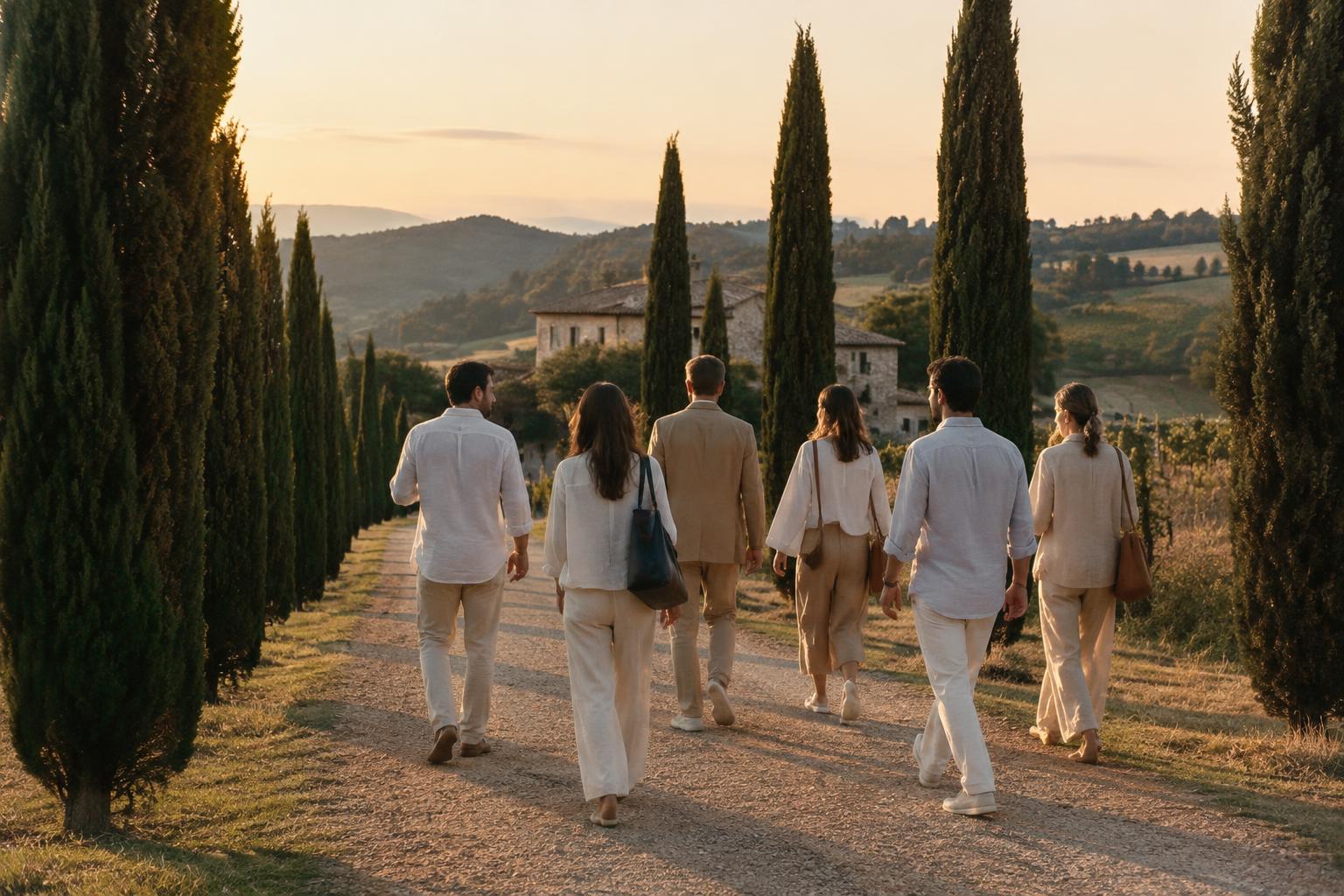 A small group of colleagues walking along a cypress-lined gravel road towards a stone estate in the Tuscan countryside