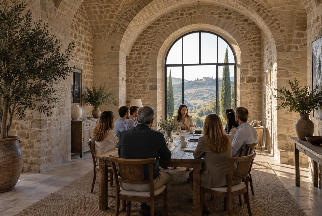 Colleagues in discussion around a long wooden table under a vaulted stone ceiling, with notebooks and coffee cups