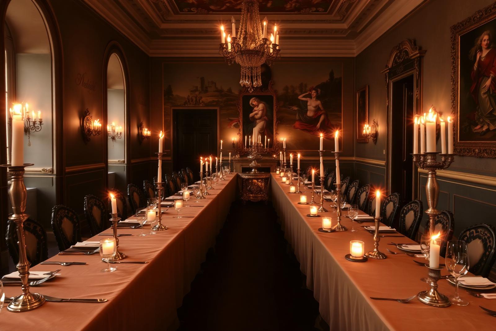 Candlelit private dining inside a historic Roman palace, with silver candelabra, crystal and painted walls