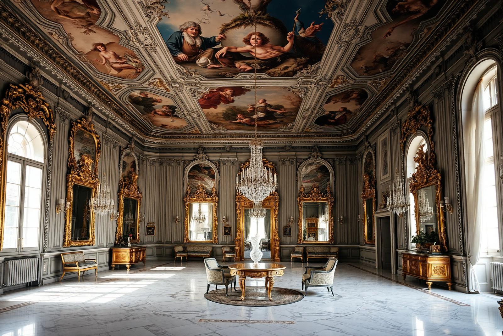 Opulent Roman palazzo salon with frescoed ceilings, gilded mirrors and marble floors in soft natural light