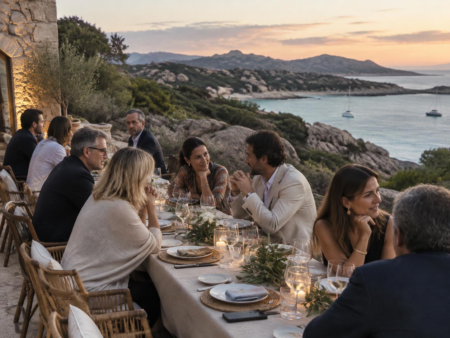 Guests at a long dinner table on a stone terrace above a Sardinian bay at dusk